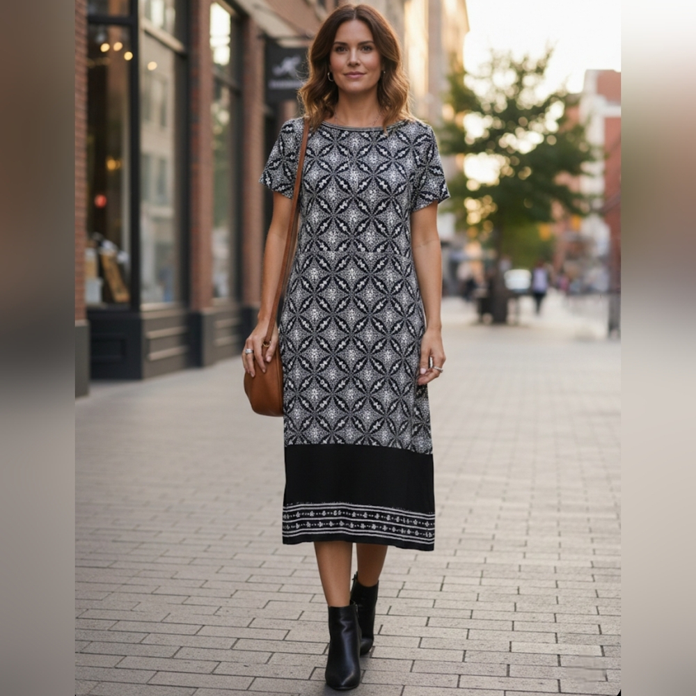 Max Studio Geometric/floral Print Midi Dress - Boho Chic Border Hem, Size L